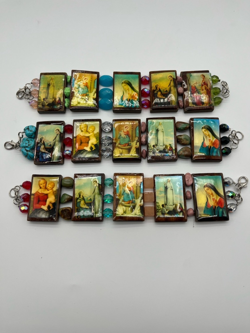 3 Multicolor Religious Icon Beaded Bracelet Women's Devotional 7" Wood Decoupage